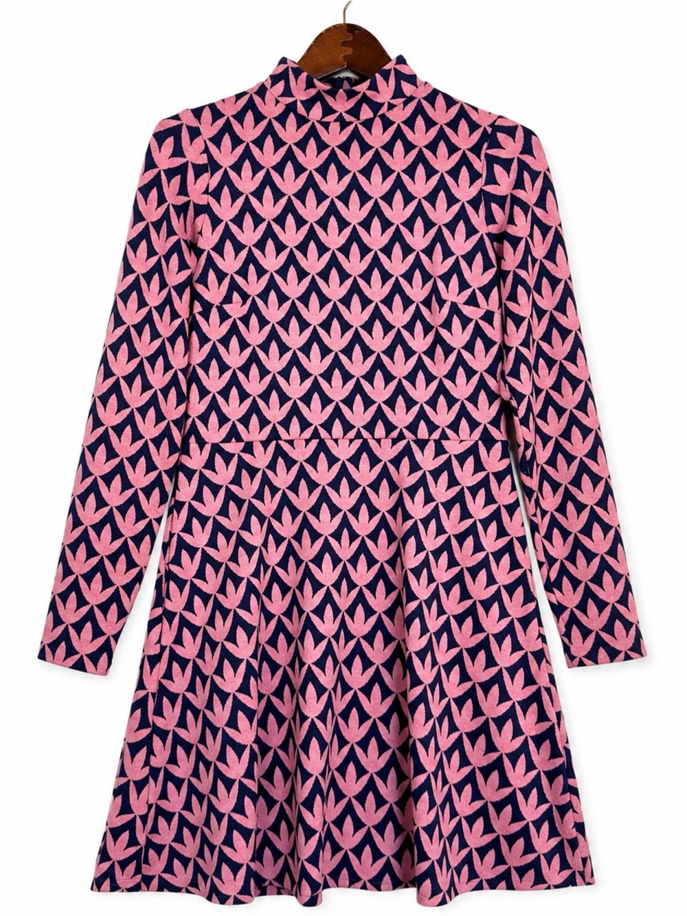 Boden Pink Navy Jacquard Knit Fit & Flare Dress 4R Pockets